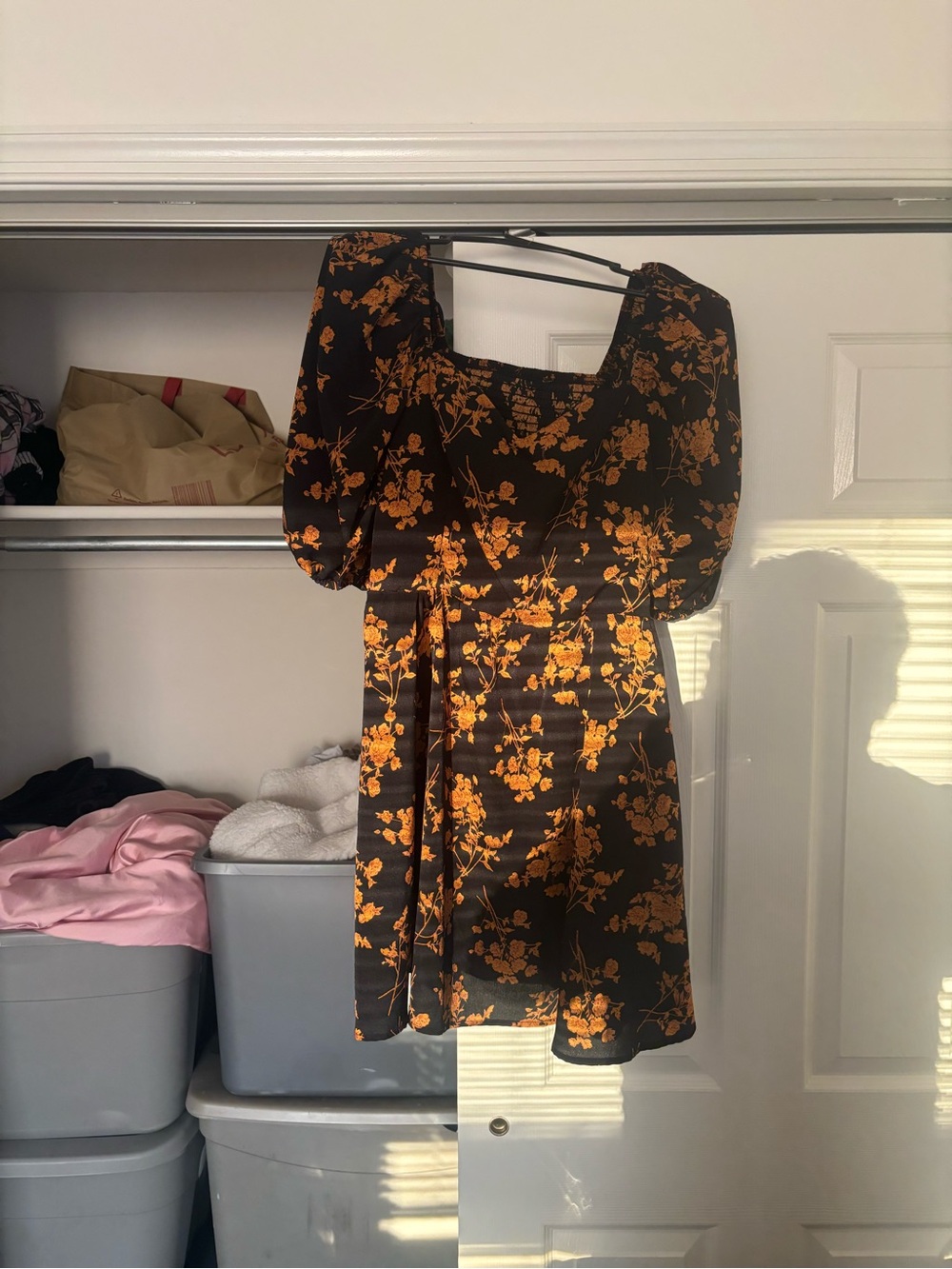 Square-Neck Floral Mini Dress in Black and Orange